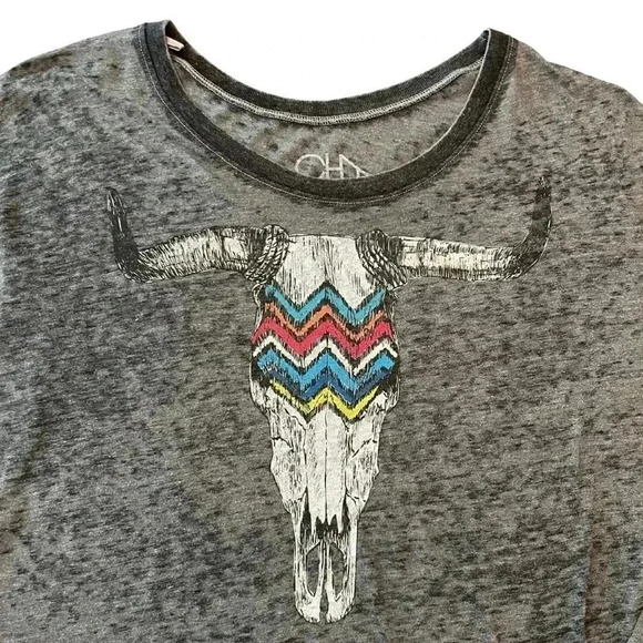 Chaser Burnout Cow Skull Long Sleeve Top Size Small - Picture 2 of 7